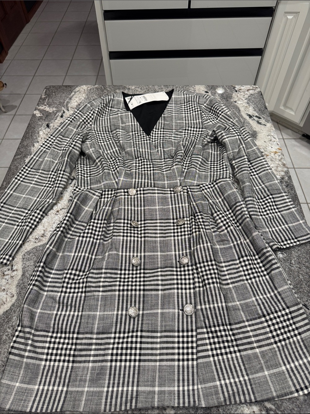 Zara Black and White Plaid Double-Breasted Long Sleeve Dress - Brand New